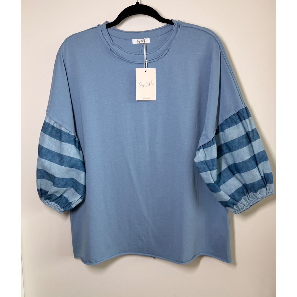 Sage Vell Striped Sleeve Top Women M Blue NWT Lantern Sleeve Relaxed Korean